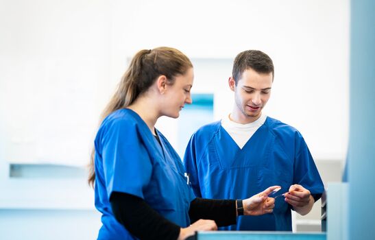 Zwei Laboranten in blauer Arbeitskleidung diskutieren über eine Probe in einem hellen Laborraum.