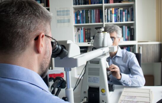 Auf dem Foto sehen wir zwei Männer am Mikroskop sitzen, die sich gegenüber sitzen. Im Hintergrund ein großes Bücherregal.