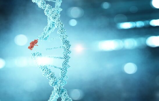 Dieses türkisfarbene 3D-Modell einer DNA-Struktur zeigt, wie die Doppelhelix zerfällt und ein kleiner Bereich rot eingefärbt ist.