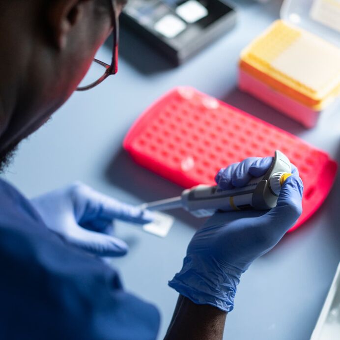 Pipettieren auf einen FISH-Objektträger Laborant mit blauen Handschuhen führt eine Pipettierarbeit durch, mit einem roten Probenrack und weiteren Labormaterialien im Hintergrund.