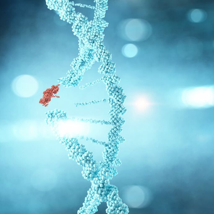 Innovative Technologien in der Hämatopathologie Dieses türkisfarbene 3D-Modell einer DNA-Struktur zeigt, wie die Doppelhelix zerfällt und ein kleiner Bereich rot eingefärbt ist.