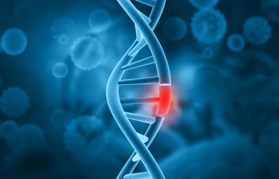 Das Modell zeigt eine detaillierte DNA-Struktur auf einem blauen Hintergrund, die von virenartigen Zellen umgeben ist. Ein kleiner Bereich der Struktur ist rot eingefärbt.